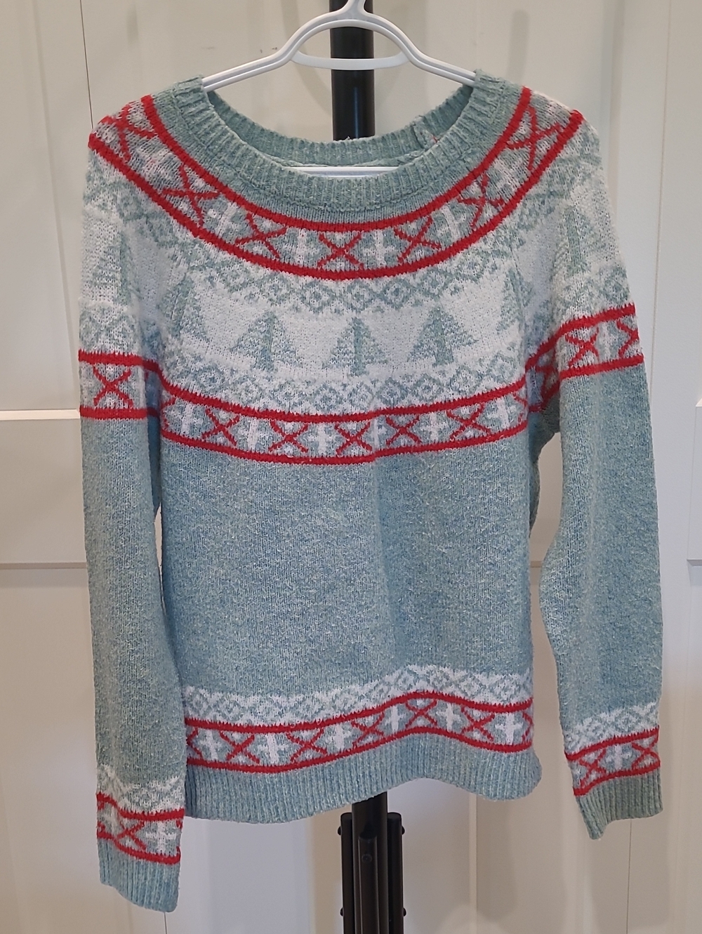 cupcakes & cashmere Light Green Crewneck Sweater with Red and White Fair Isle